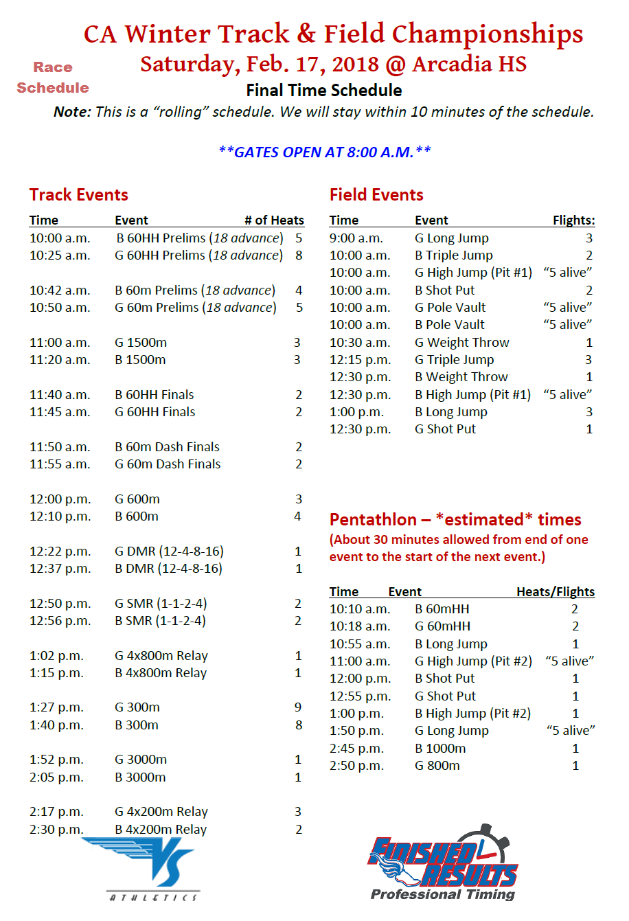 2018-02-17 - Race Schedule - Winter Championships at Arcadia